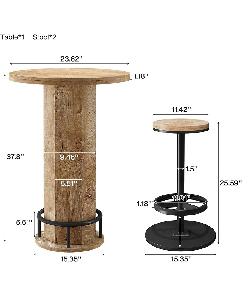 Tribesigns Round Bar Table with Chairs, Industrial Bistro Sets with 2 barstools, Pub Cocktail Table