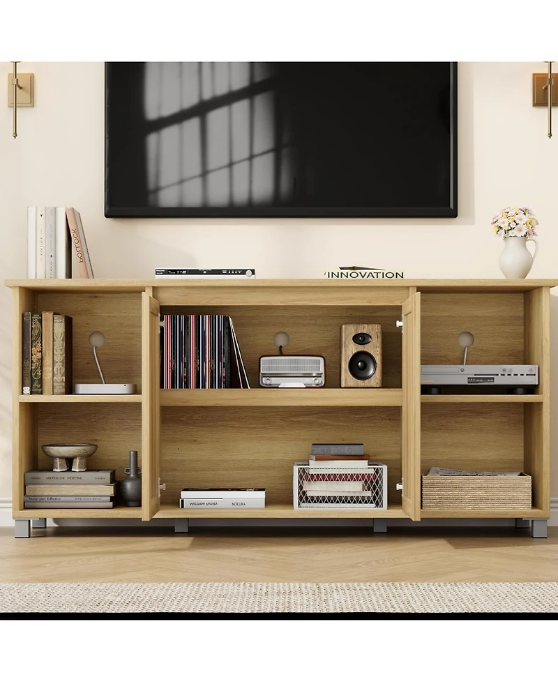 gaomon Rattan Tv Stand for 70" Tv, Entertainment Center with Storage Shelves, Natural Oak Console