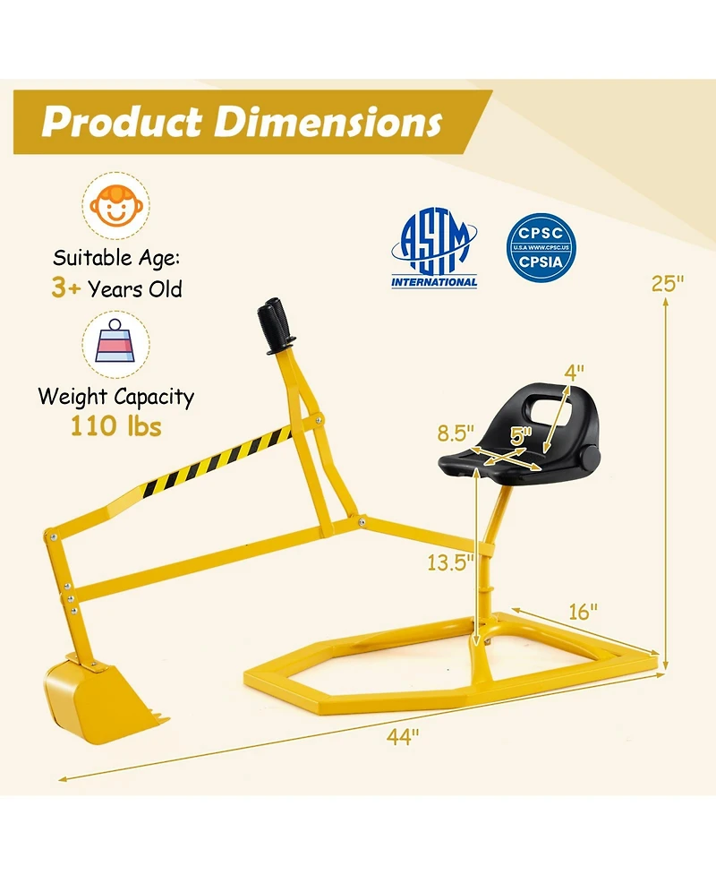 Hongge Kids Metal Sand Digger Ride On Toy Excavator with 360° Swivel Seat