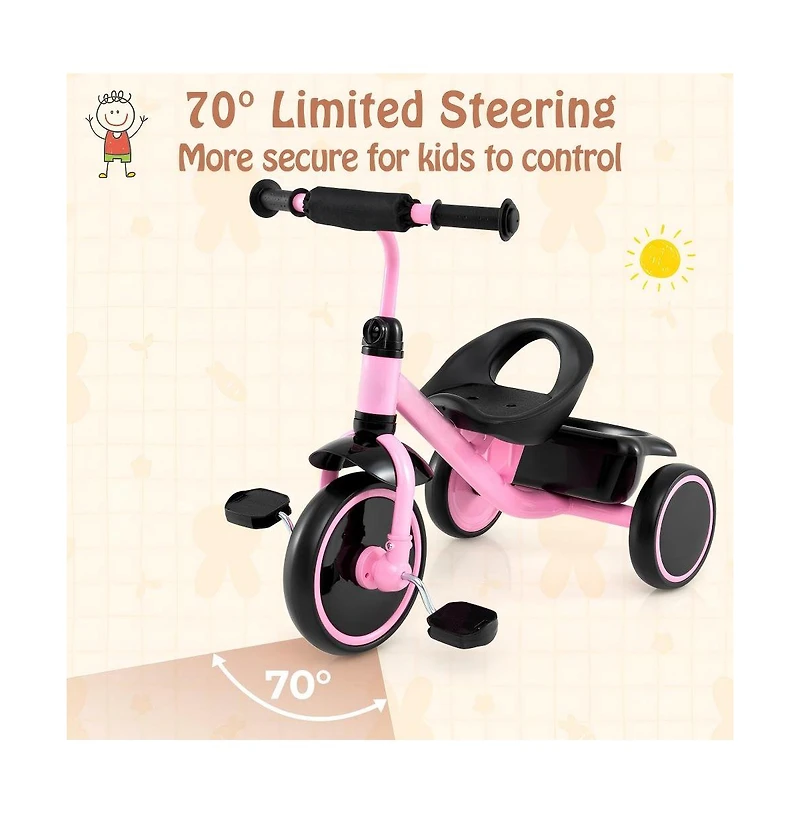 Kids Toddler Tricycle with Adjustable Seat Storage Basket and Safe Steering Design