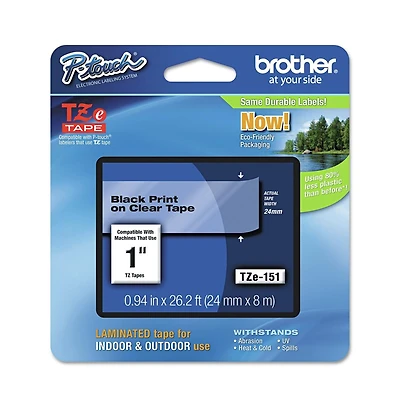 Brother P-Touch TZE151 TZe 0.94 in. x 26.2 ft. Standard Adhesive Laminated Labeling Tape - Black on Clear