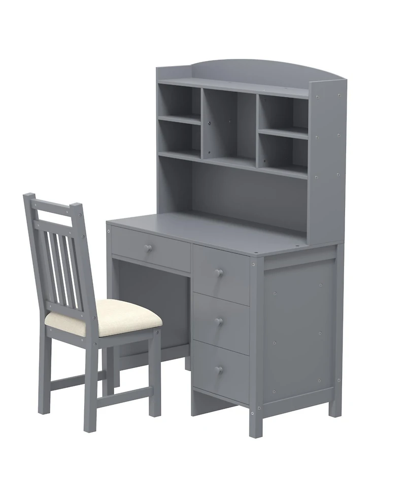 Streamdale Furniture Vintage Home Desk & Chair Set w/ Bookshelf & Drawers - Gray