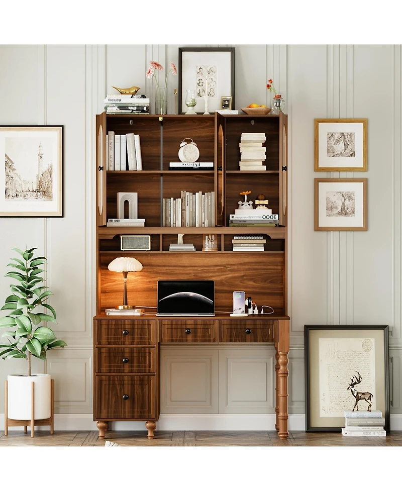 Streamdale Furniture 47" Retro Desk with Hutch, Charging, Drawers & Glass-Door Bookshelf, Walnut