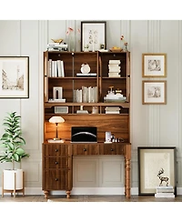 Streamdale Furniture 47" Retro Desk with Hutch, Charging, Drawers & Glass-Door Bookshelf, Walnut