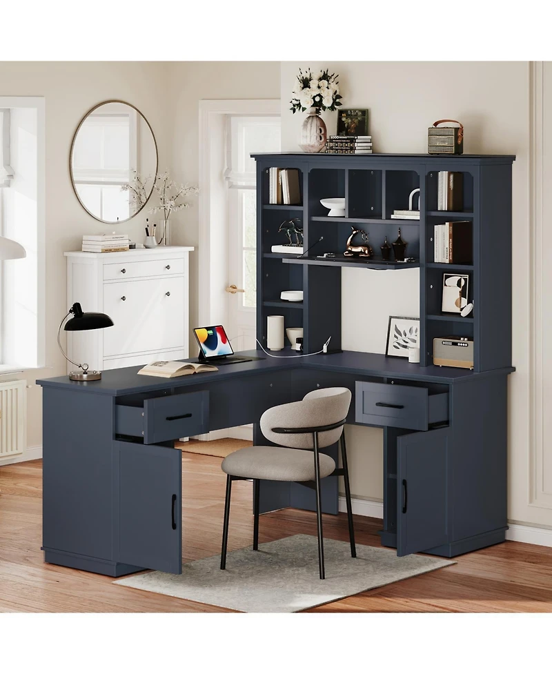 Streamdale Furniture 2-in-1 L-Shaped Desk w/ Cabinets, Drawers, Shelves & Power Outlet - Antique
