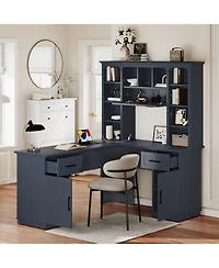 Streamdale Furniture 2-in-1 L-Shaped Desk w/ Cabinets, Drawers, Shelves & Power Outlet - Antique