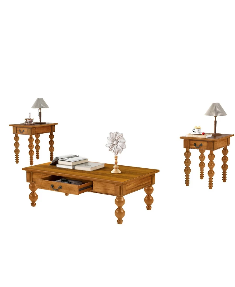 Streamdale Furniture Solid Wood Coffee Table Set of 3 w/ Drawer - Vintage Style (Natural)
