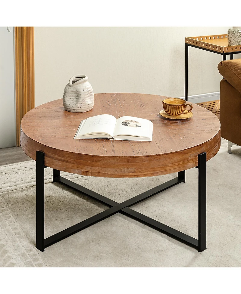 Streamdale Modern Retro Round Coffee Table, Black Cross Legs
