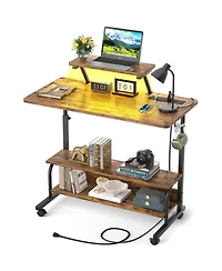 Aheaplus Small Standing Desk with Power Outlets and Led Light, Mobile Lift Top Desk with Monitor Stand