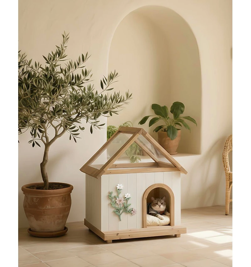 Zeus & Ruta Fsc Cedar Floral Carved Transparent Roof Cat House