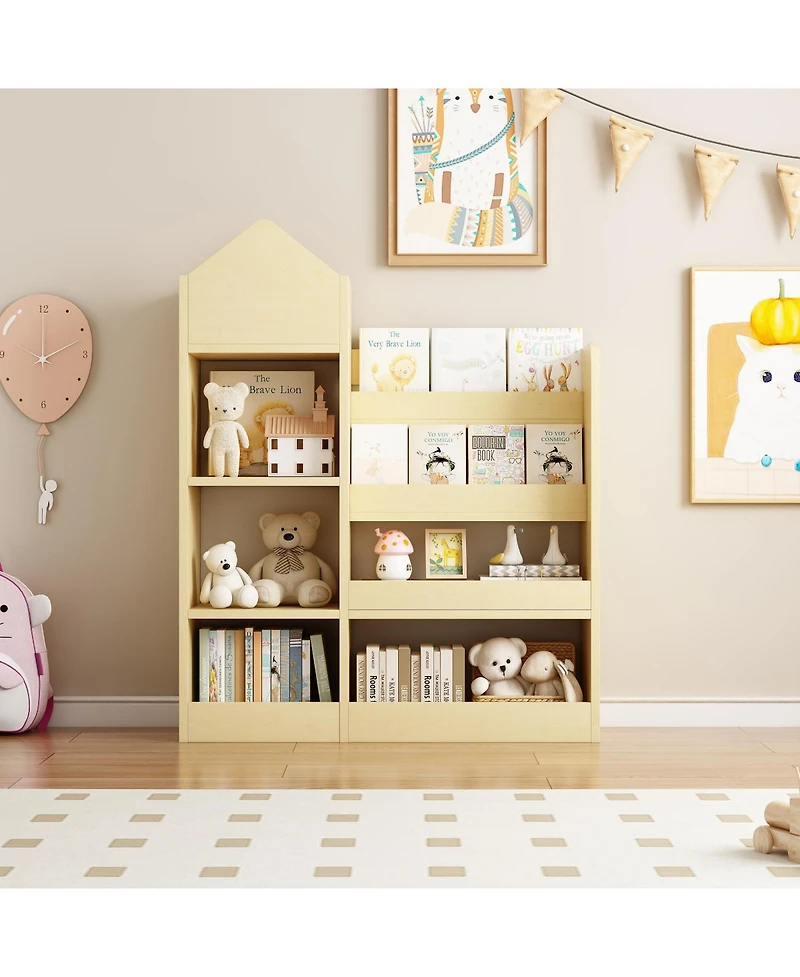 Cesicia Light Brown Wooden Kids Bookshelf with 6 Compartments for Books