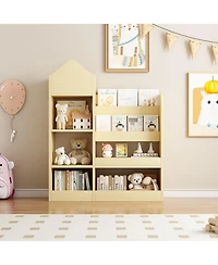 Cesicia Light Brown Wooden Kids Bookshelf with 6 Compartments for Books