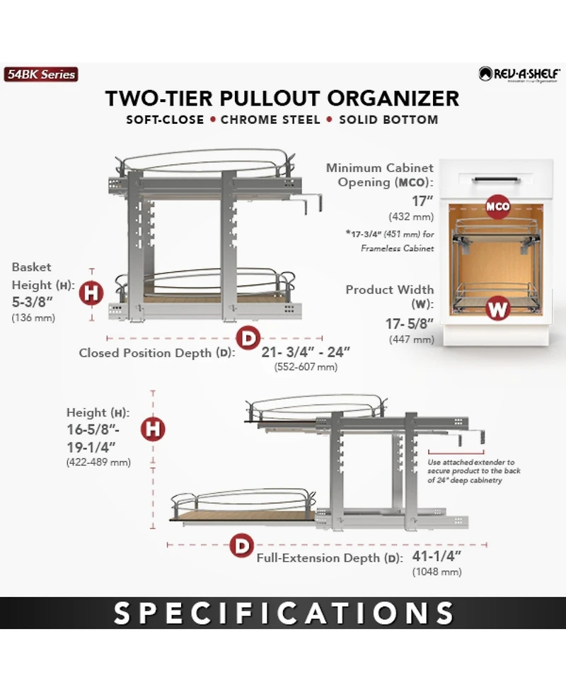 Rev-a-Shelf Two-Tier Solid Bottom Pullout Base Cabinet Organizer, 54BK-18SC-2-1
