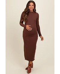 Pinkblush Maternity Brown Ruffle Mock Neck Long Sleeve Midi Dress