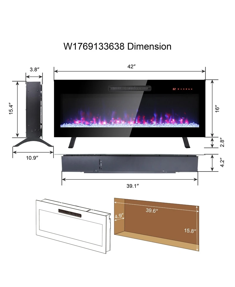 Flynama 42" recessed ultra-thin wall-mounted electric fireplace with tempered glass, remote, Led heater, multi-color flame & emberbed