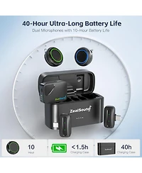 ZealSound Wireless Lavalier Mic for iPhone Android Camera Usb C Lightning 24GHz Noise Cancellation 40H Battery Charging Case 1000ft Range for Vlog