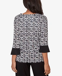 Alfred Dunner Petite Classic Floral Geo Patchwork Split Neck Top