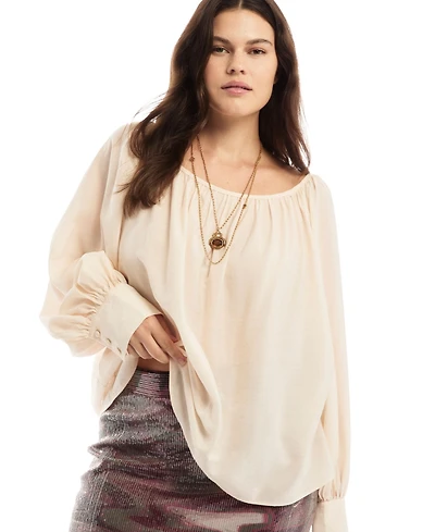 June & Vie Women's Plus Boat Neck Balloon-Sleeve Blouse