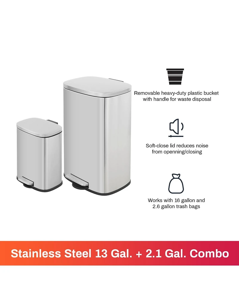 Mega Casa 13+2.1 Gal Oval Stainless Steel Step-on Trash Can Set