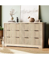 gaomon 6-Drawer Modern Fluted Wood Dresser Bedroom Storage Cabinet Minimalist Chest of Drawers with Wavy Grooves for Home, Sturdy, Natural