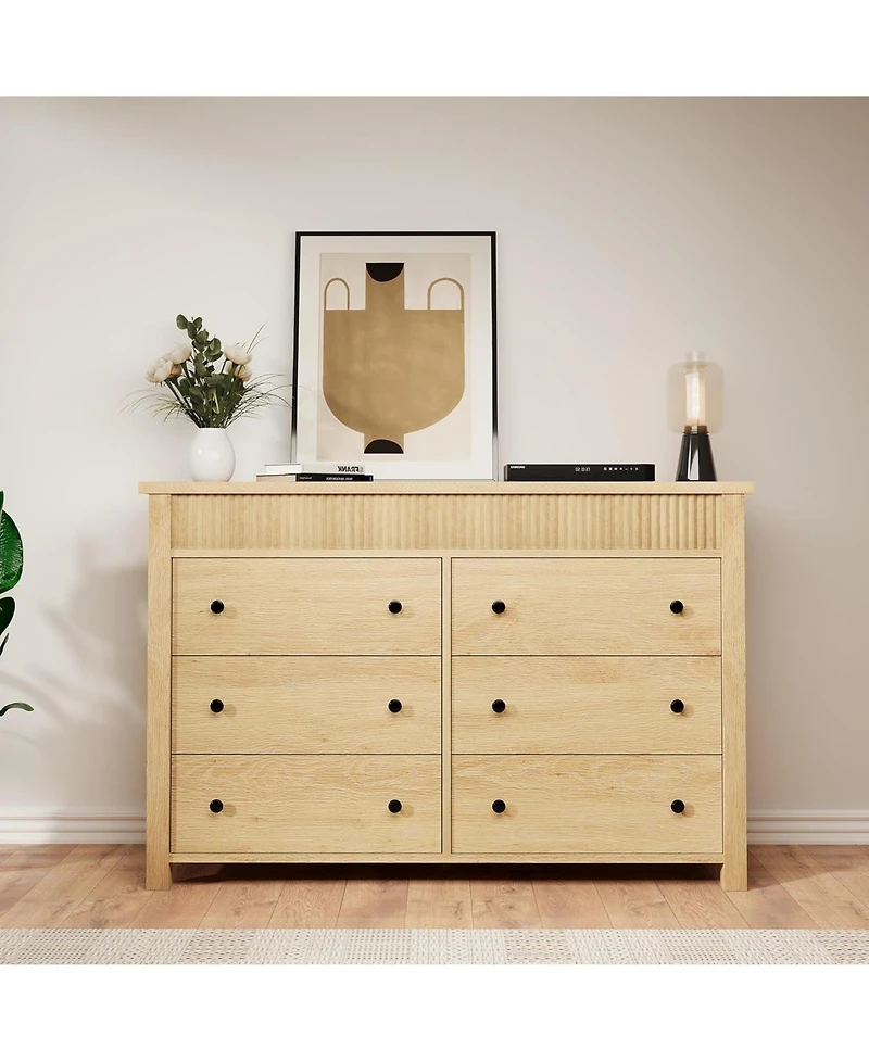 gaomon 6-Drawer Farmhouse Dresser Bedroom Wooden Chest of Drawers, Fluted Tv Stand Storage Cabinet for Living Room, Hallway, Office, Natural