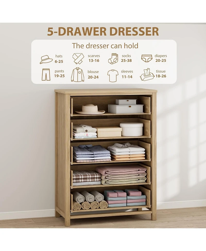 gaomon 5-Drawer Rattan Tall Dresser, 45" Wooden Chest for Clothes Storage, Drawer Organizer, Bedroom, Home, Natural