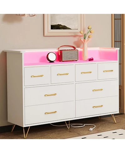 gaomon 8-Drawer Modern Dresser with Led Light & Charging Station, Wooden Chest, Open Shelf, Bedroom, Living Room