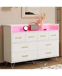 gaomon 8-Drawer Modern Dresser with Led Light & Charging Station, Wooden Chest, Open Shelf, Bedroom, Living Room