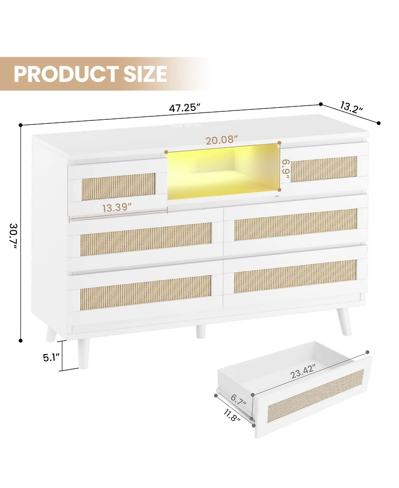 gaomon Natural Rattan Dresser for Bedroom, Led Light and Charging Station, Modern Chest Organizer