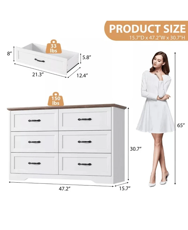 gaomon 6-Drawer Modern Dresser with Wide Metal Handle, Closet Organizer Storage Chest, Clothes Cabinet for Bedroom, Living Room, Gray