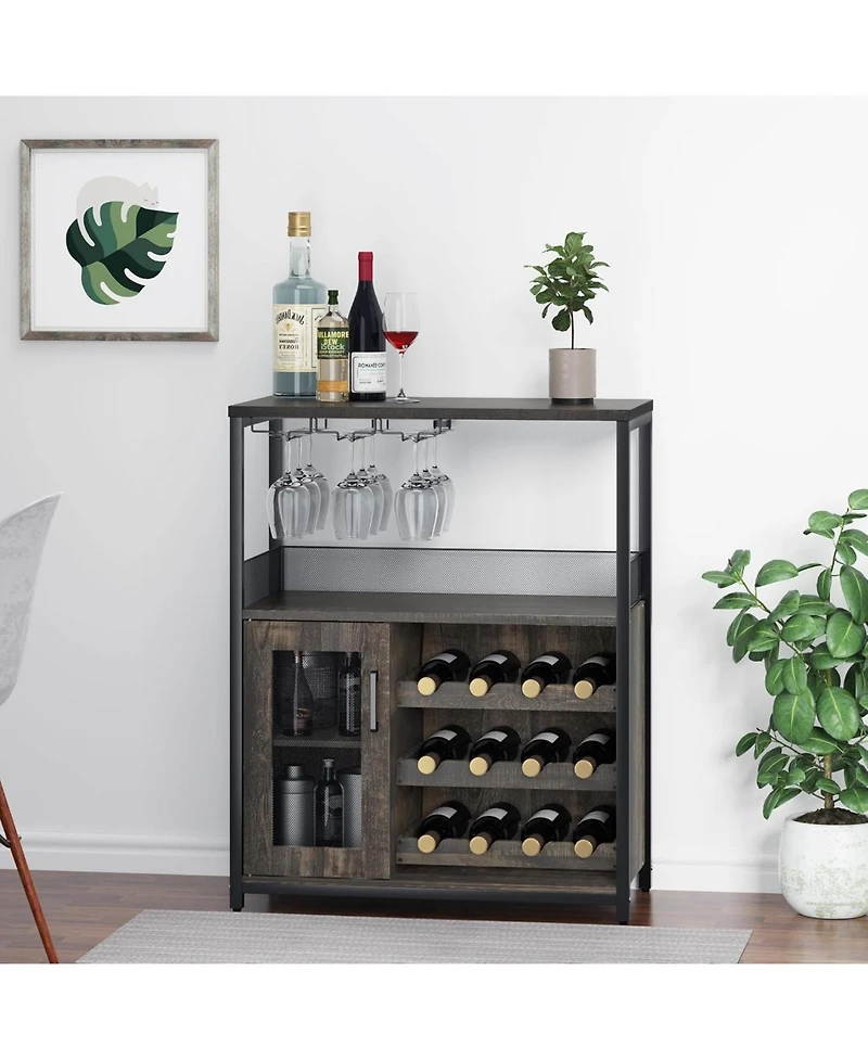 gaomon Farmhouse Wine Bar Cabinet with Detachable Wine Rack, Glass Holder, Mesh Door, Adjustable Feet, Living Room