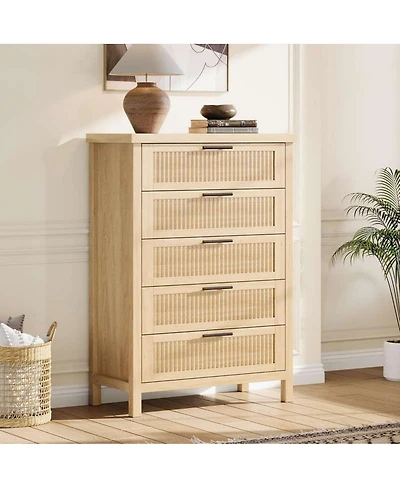 gaomon 5-Drawer Modern Fluted Dresser Bedroom Chest, Fluted Drawers with Metal Handle, Large Storage Cabinet for Nursery, Living Room