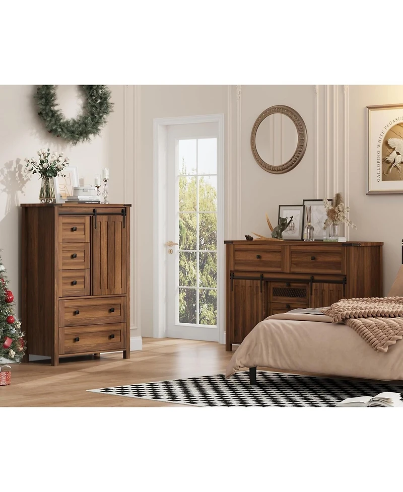 gaomon 5-Drawer Farmhouse Dresser, 48" Tall, Sliding Barn Door, Adjustable Shelf, Bedroom, Hallway, Living Room, Kitchen