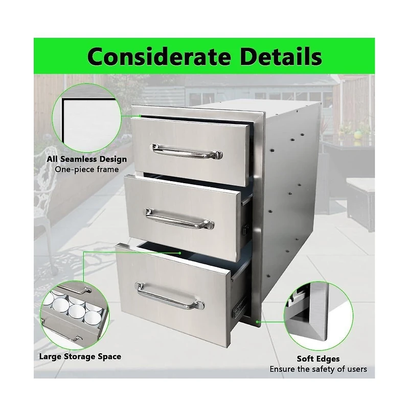 gaomon 14x20.5x23 Inch Outdoor Kitchen Drawer, 3-Layer Stainless Steel, Enclosed Built-In Bbq Access Drawer, Bbq Island