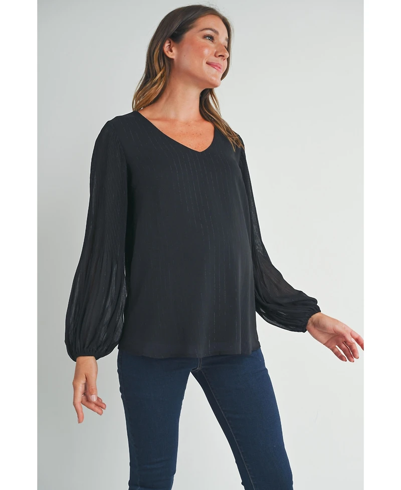 Hello Miz Maternity Flowy Sheer Long Sleeve V Neck Blouse