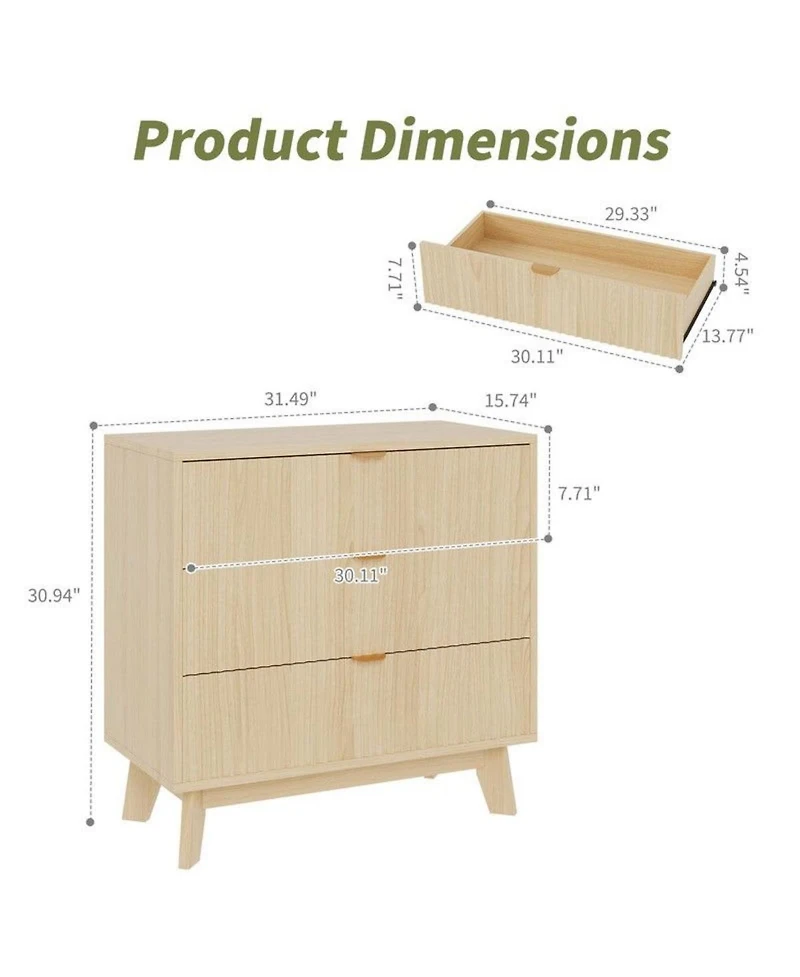 gaomon 3-Drawer Mid Century Modern Dresser with Tall Fluted Waveform Drawers, Wood Organizer for Bedroom, Living Room, Hallway