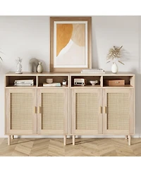 gaomon 2 Sets Rattan Sideboard Cabinet with 2 Doors & Shelf, Modern Boho Farmhouse Buffet Storage, Coffee Bar, Natural