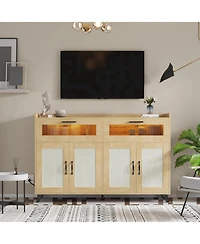 gaomon Farmhouse Storage Cabinet with Charging Station, Led Light, Rattan Buffet, Heavy Duty, Kitchen, Living Room
