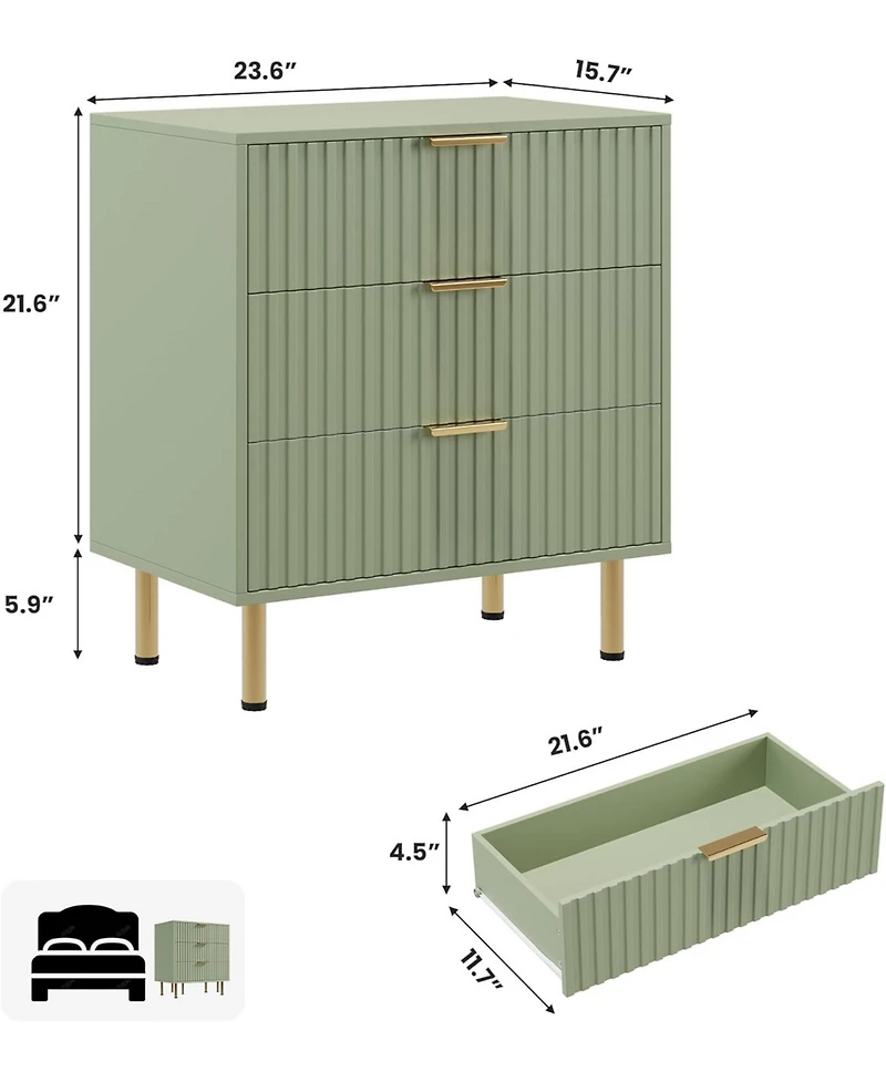 gaomon 3-Drawer Modern Fluted Green Dresser, Stylish Nightstand with Deep Drawers, Wide Top, Organizer for Bedroom