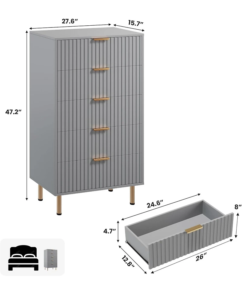 gaomon 5-Drawer Modern Fluted Grey Dresser, Tall Chest with Deep Drawers, Wide Top, Wooden Storage Organizer for Living Room, Hallway, Kids Room