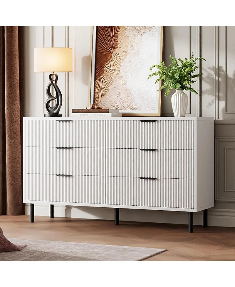 gaomon 6-Drawer White Fluted Engineered Wood Dresser, Metal Legs & Handles, Modern Storage for Bedroom, Living Room