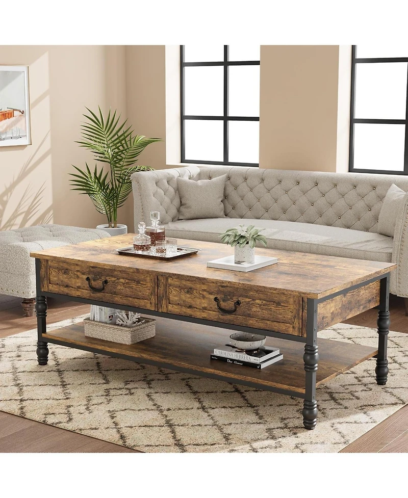 gaomon 41 Inch 2-Drawer Retro Style Wood Coffee Table, Multi-Functional Storage Center Table for Living Room