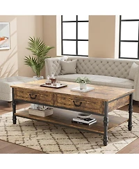 gaomon 41 Inch 2-Drawer Retro Style Wood Coffee Table, Multi-Functional Storage Center Table for Living Room