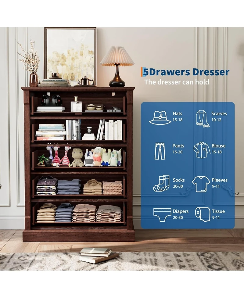 gaomon Brown 5 Drawer Dresser for Bedroom, Tall Farmhouse Chest of Drawers with Metal Handles, Rustic Wooden Storage Cabinet