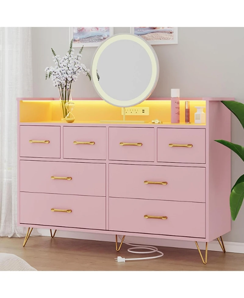 gaomon 8-Drawer Modern Led Light & Charging Station, Wooden Chest, Open Shelf Dresser