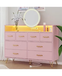 gaomon 8-Drawer Modern Led Light & Charging Station, Wooden Chest, Open Shelf Dresser