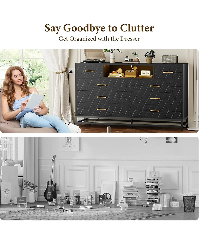 gaomon 8-Drawer Minimalist White Dresser with Led & Power Outlet, 55" Tv Stand, Deep Storage Cabinet