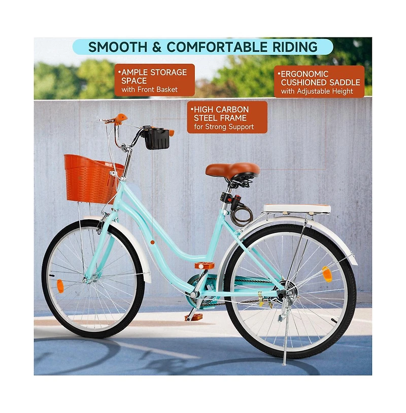 Artudatech 24-Inch Leisure Cruiser Bike with Low Step Frame, Passenger Seat & Removable Footrests