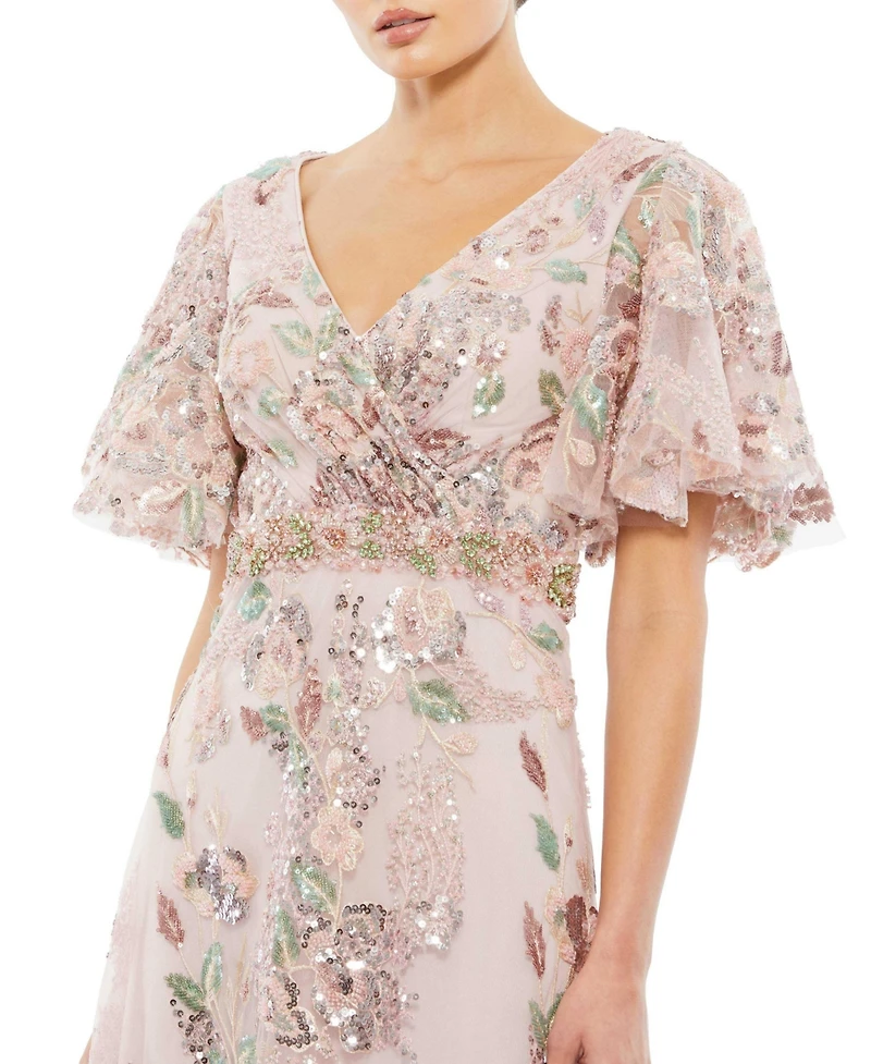 Mac Duggal Women's Floral Embellished Short Sleeve Gown