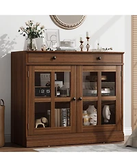 gaomon 35.4 Inch Walnut Sideboard Buffet Cabinet, Glass Door, Drawer Storage, Modern Dining Room, Kitchen Cabinet